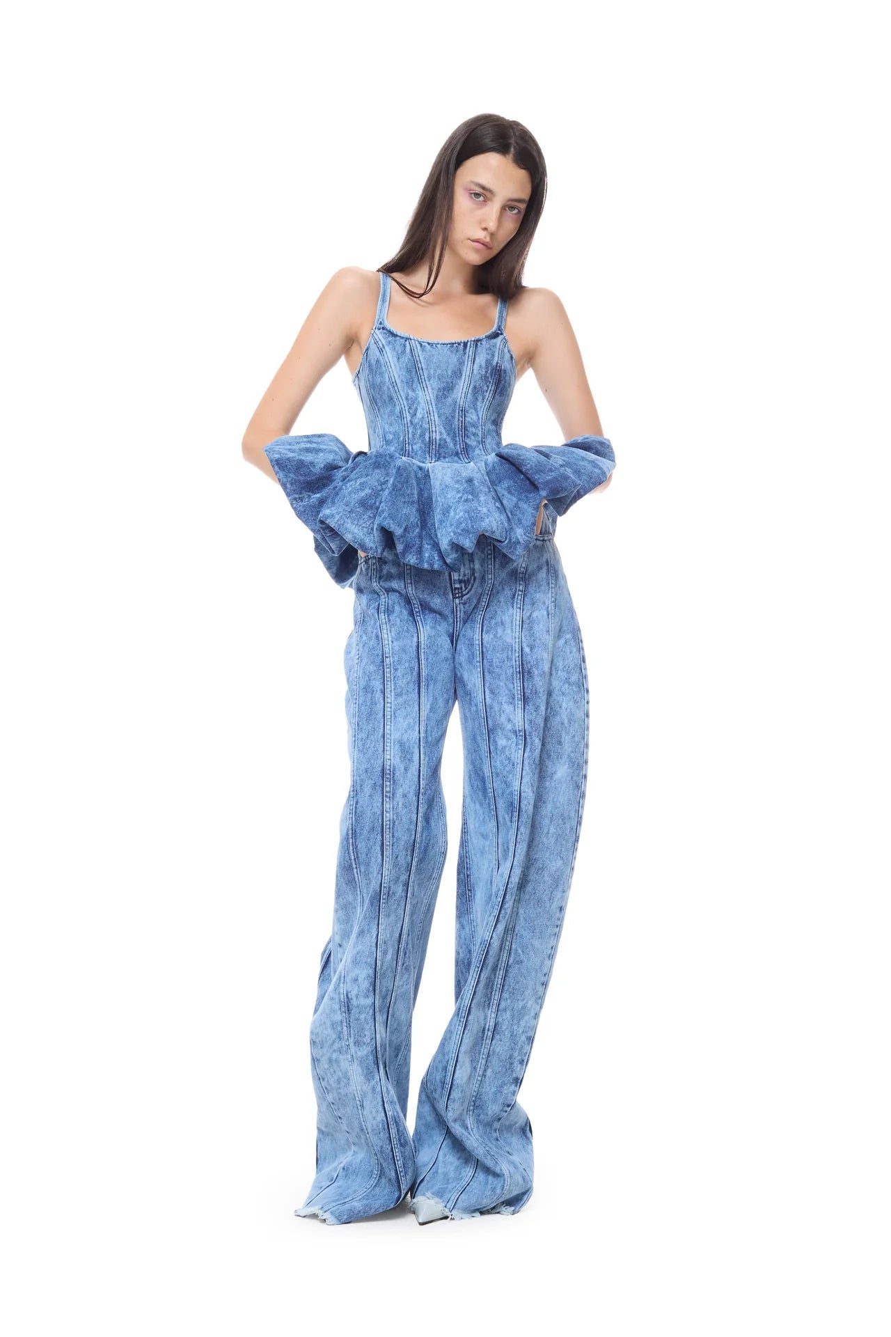 BLUE ACID WASH DENIM PLEATED TOP