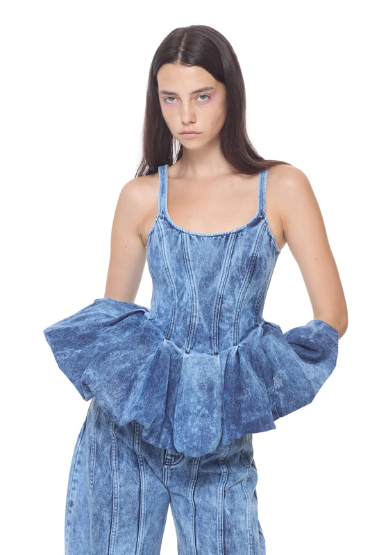 BLUE ACID WASH DENIM PLEATED TOP