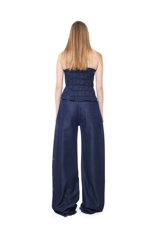 INDIGO FLOWER DENIM BOYFRIEND TROUSERS