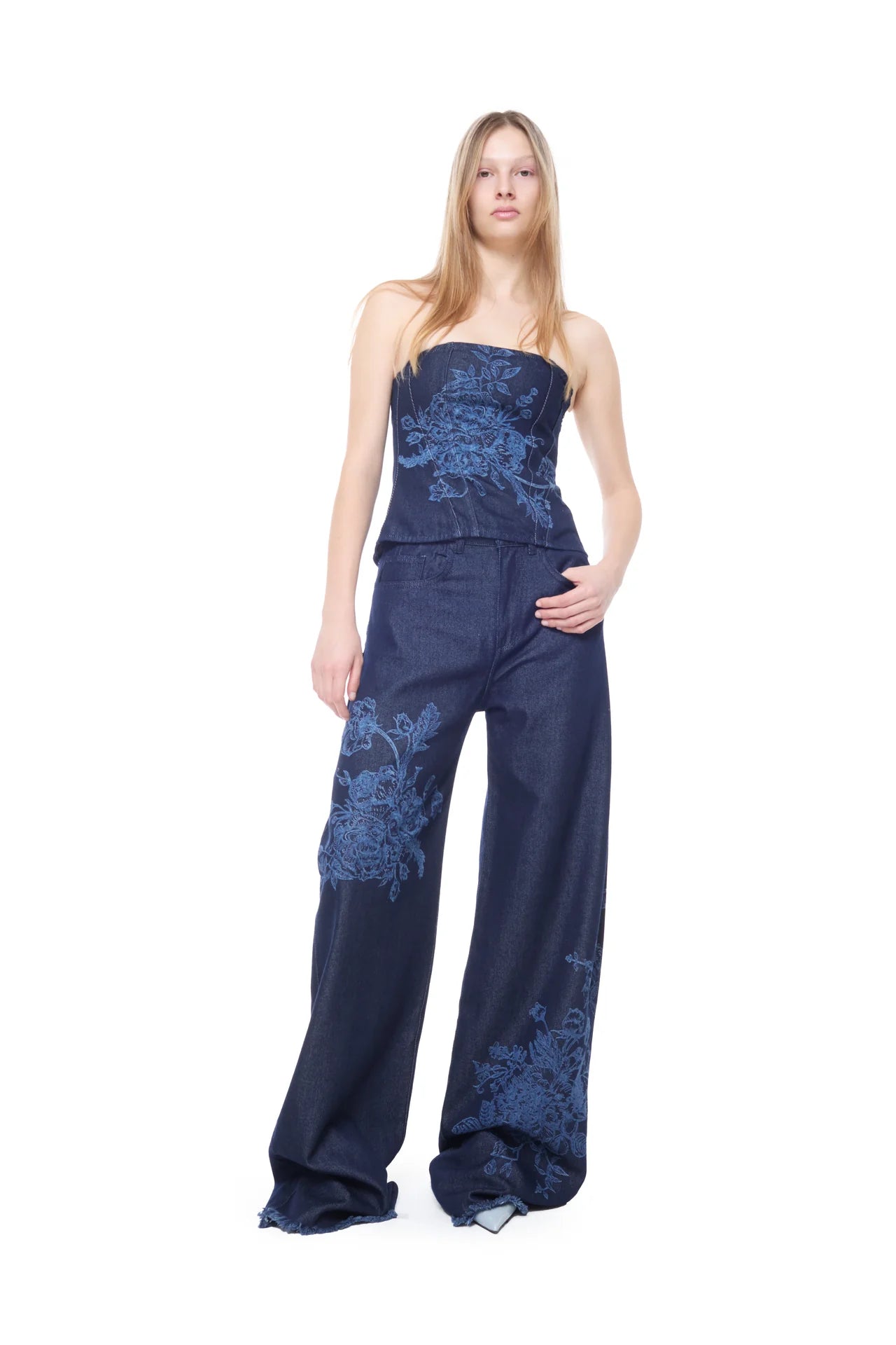 INDIGO FLOWER DENIM BOYFRIEND TROUSERS