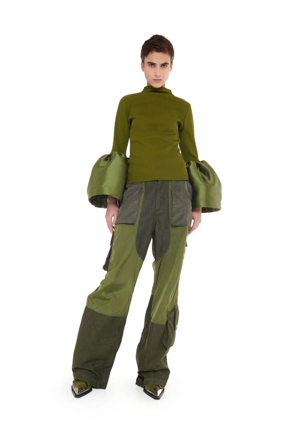 KHAKI TURTLE NECK PUFF SLEEVES TOP