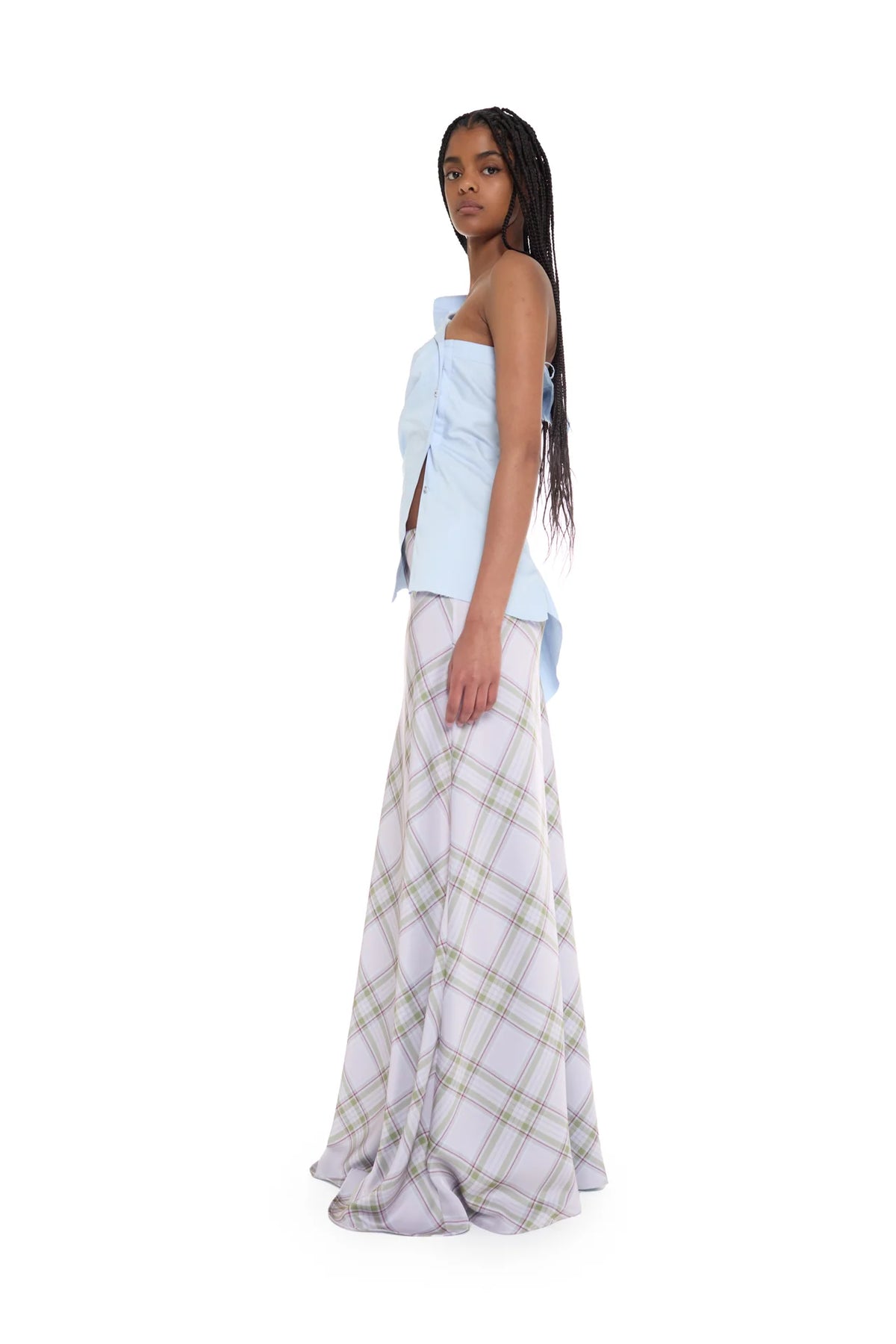 LILAC TARTAN SATIN LONG SKIRT