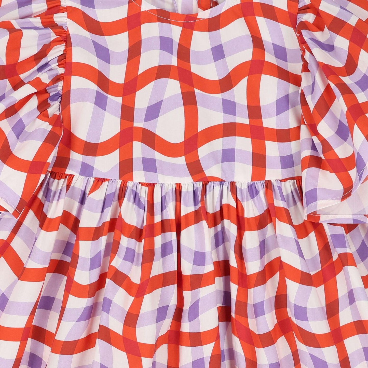 RED AND PURPLE GIRLS DRESS WITH SHORT RUFFLE SLEEVES