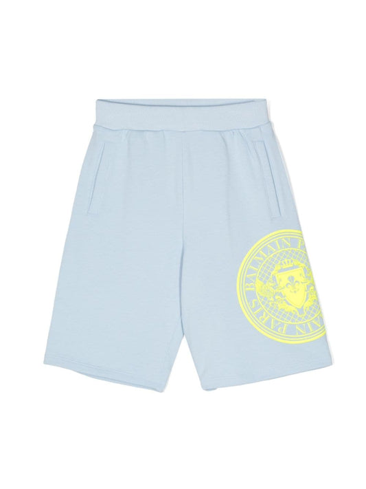 BALMAIN KIDS Logo-print Cotton Shorts in Light Blue