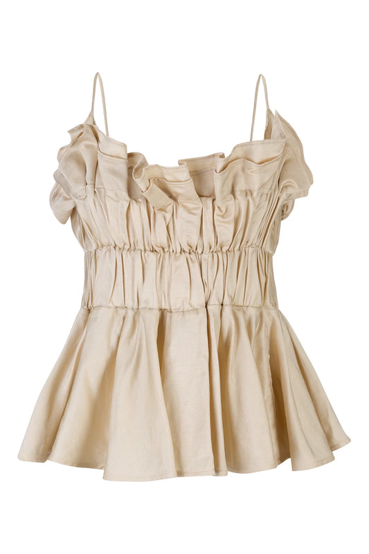 BEIGE LINEN GATHERED STRAP TOP