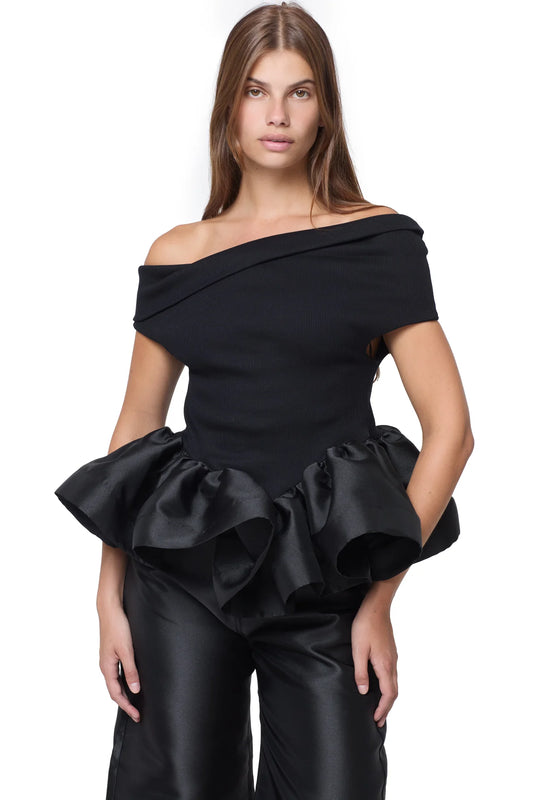 BLACK OFF SHOULDER TOP WITH PEPLUM