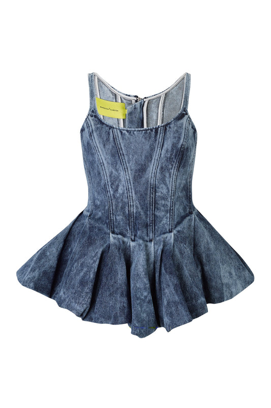 BLUE ACID WASH DENIM PLEATED TOP