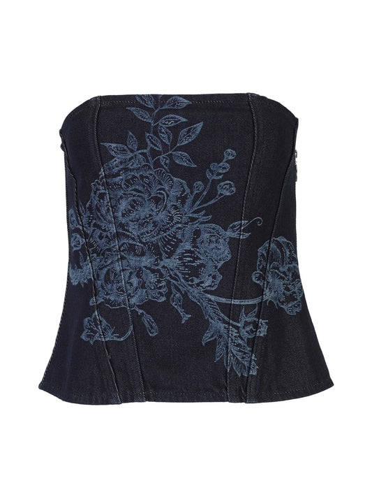 INDIGO FLOWER DENIM STRAPLESS CORSET TOP