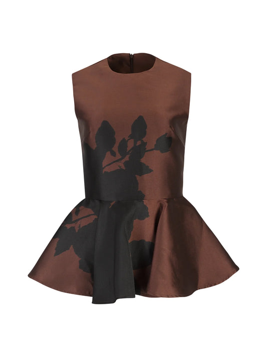 BROWN PRINTED PEPLUM TOP