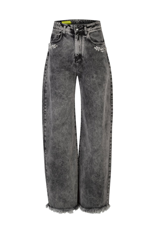 DENIM GREY ACID WASH EMBELLISHED BOYFRIEND TROUSERS