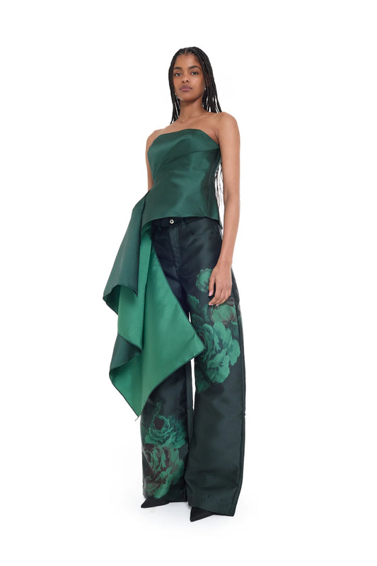 GREEN DRAPED STRAPELESS TOP