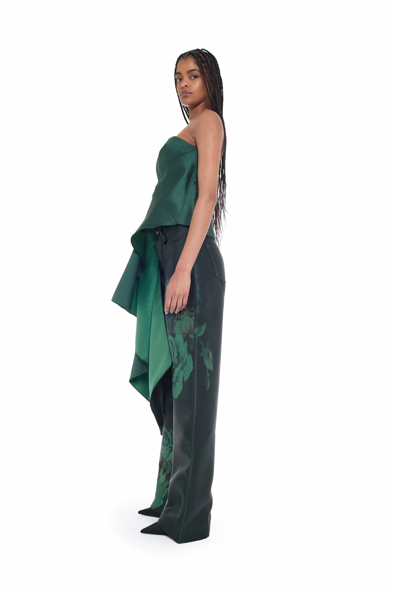 GREEN DRAPED STRAPELESS TOP