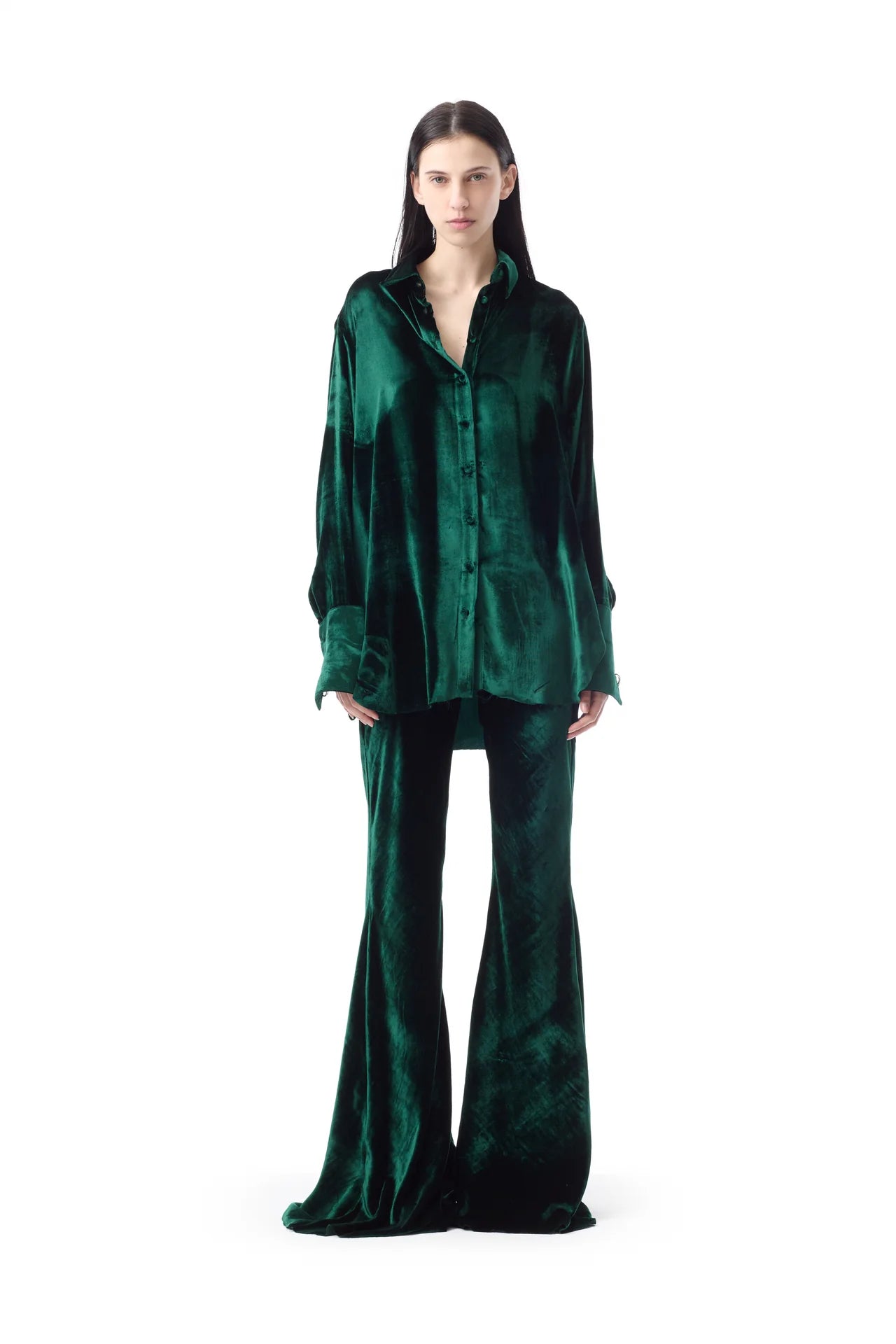 GREEN VELVET FLARE PANTS