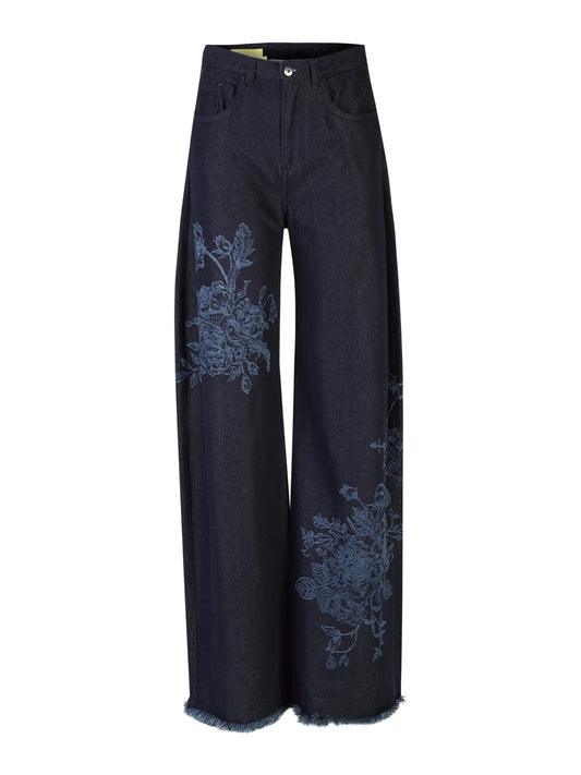 INDIGO FLOWER DENIM BOYFRIEND TROUSERS