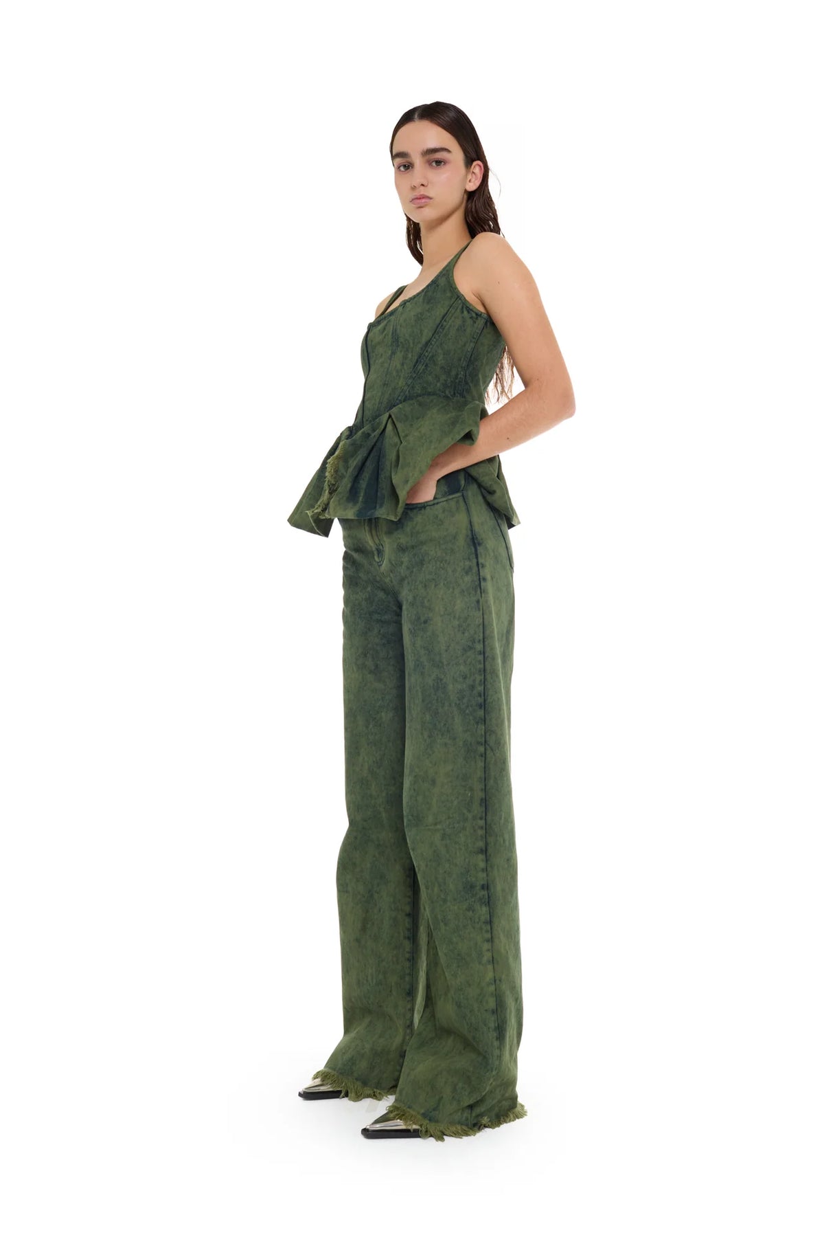 KHAKI OVERDYE PEPLUM CORSET TOP