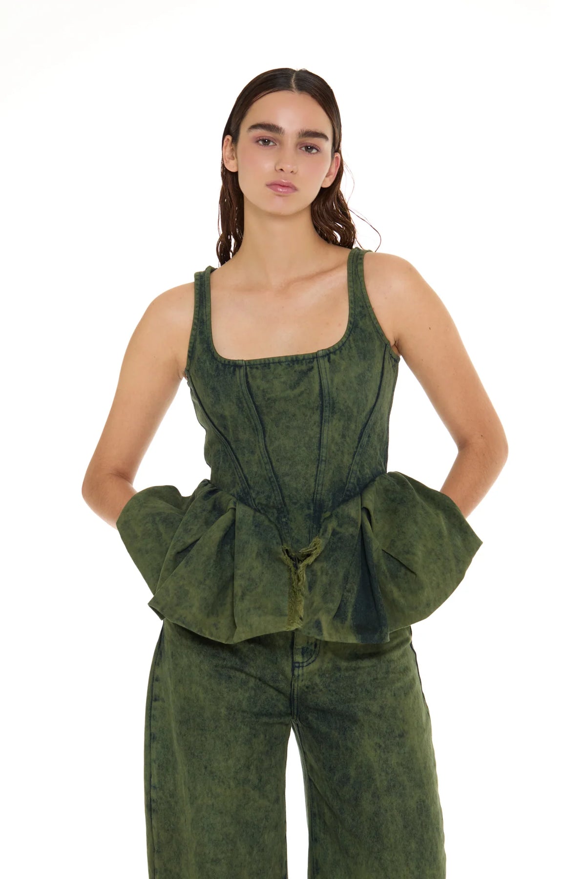 KHAKI OVERDYE PEPLUM CORSET TOP