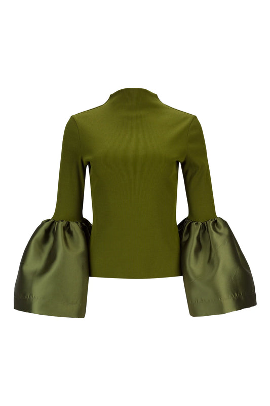 KHAKI TURTLE NECK PUFF SLEEVES TOP