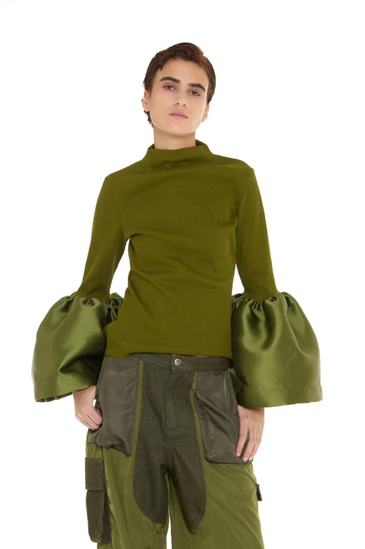 KHAKI TURTLE NECK PUFF SLEEVES TOP