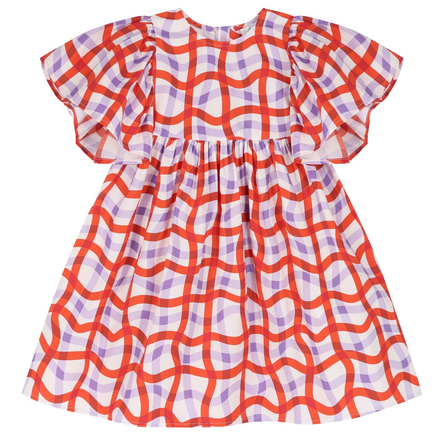 RED AND PURPLE GIRLS DRESS WITH SHORT RUFFLE SLEEVES
