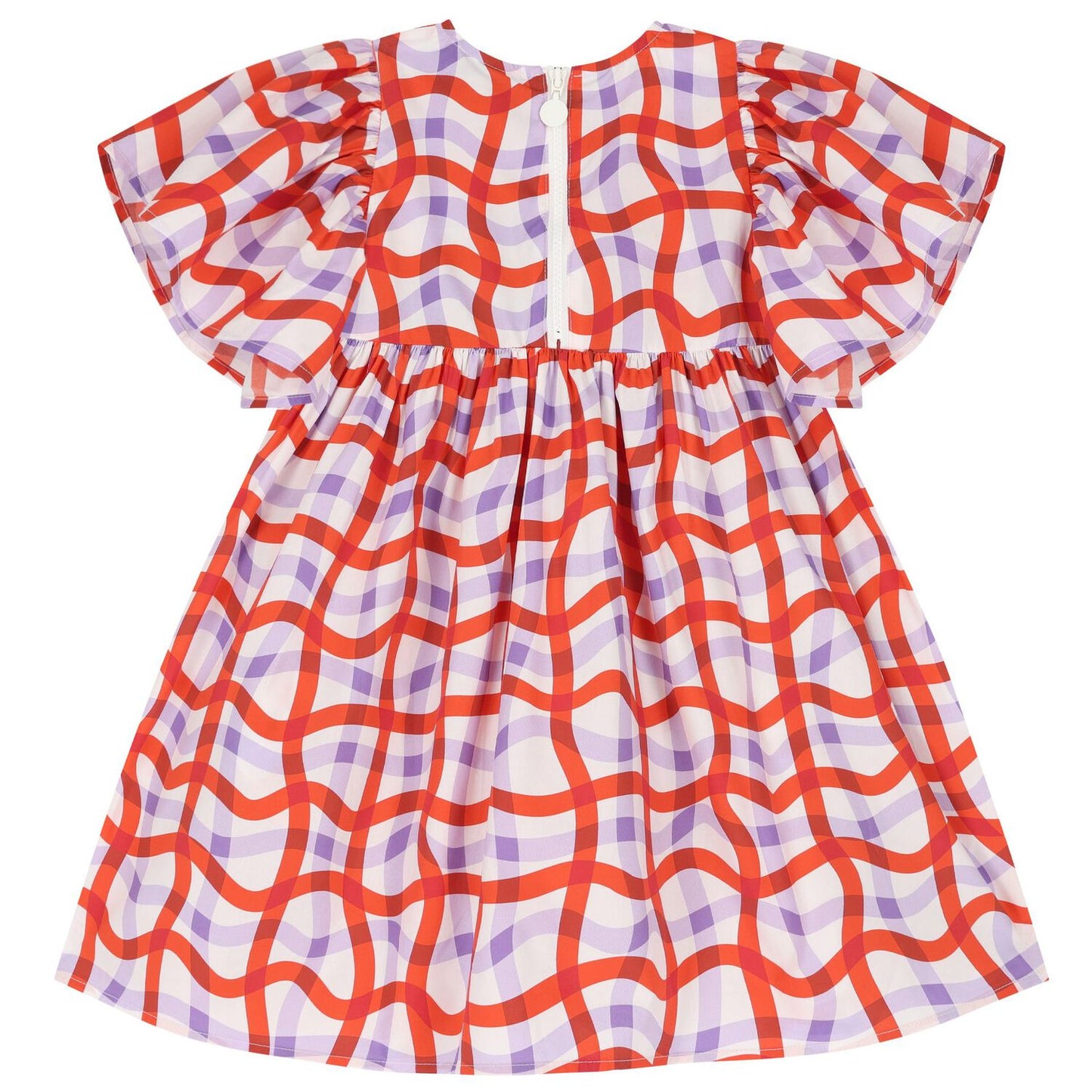 RED AND PURPLE GIRLS DRESS WITH SHORT RUFFLE SLEEVES