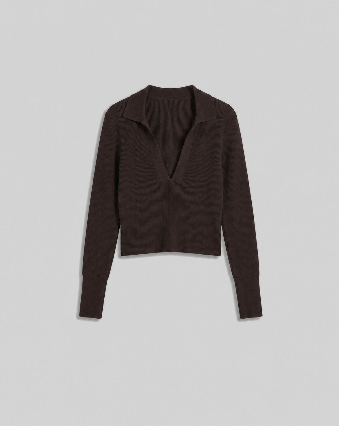RIBBED POLO COLLAR TOP BROWN