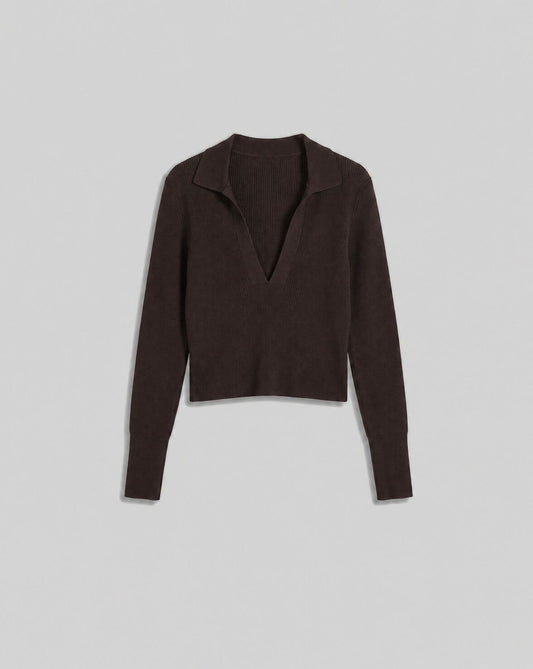 RIBBED POLO COLLAR TOP BROWN