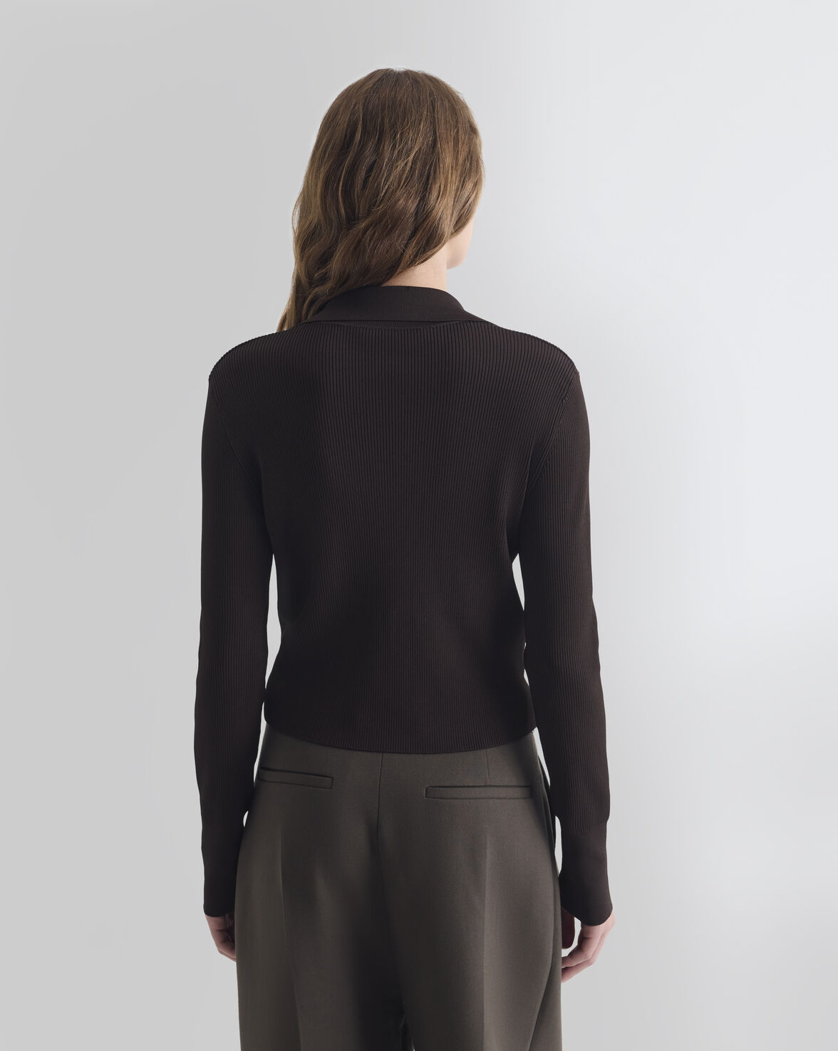 RIBBED POLO COLLAR TOP BROWN